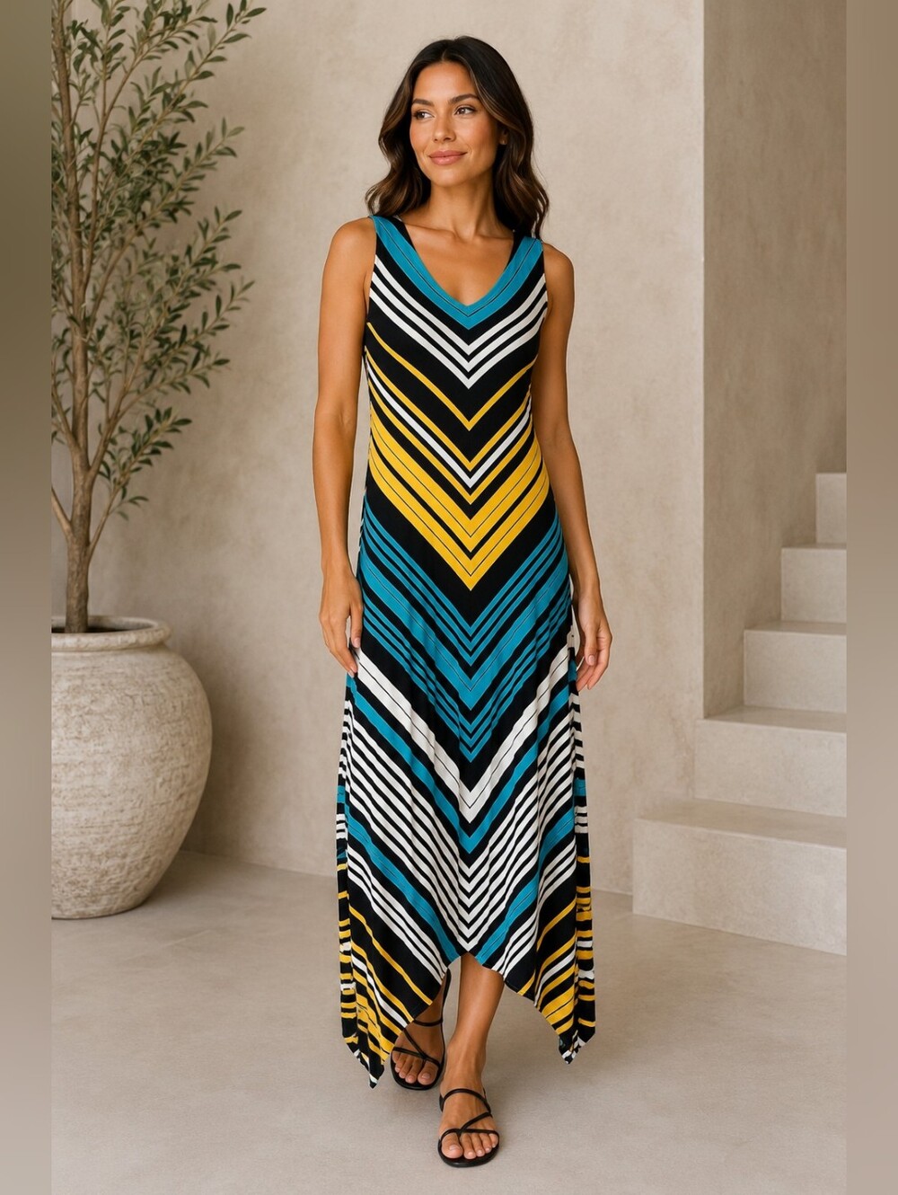 Apt. 9 Petite Chevron Sleeveless Maxi Dress Black Turquoise Yellow White